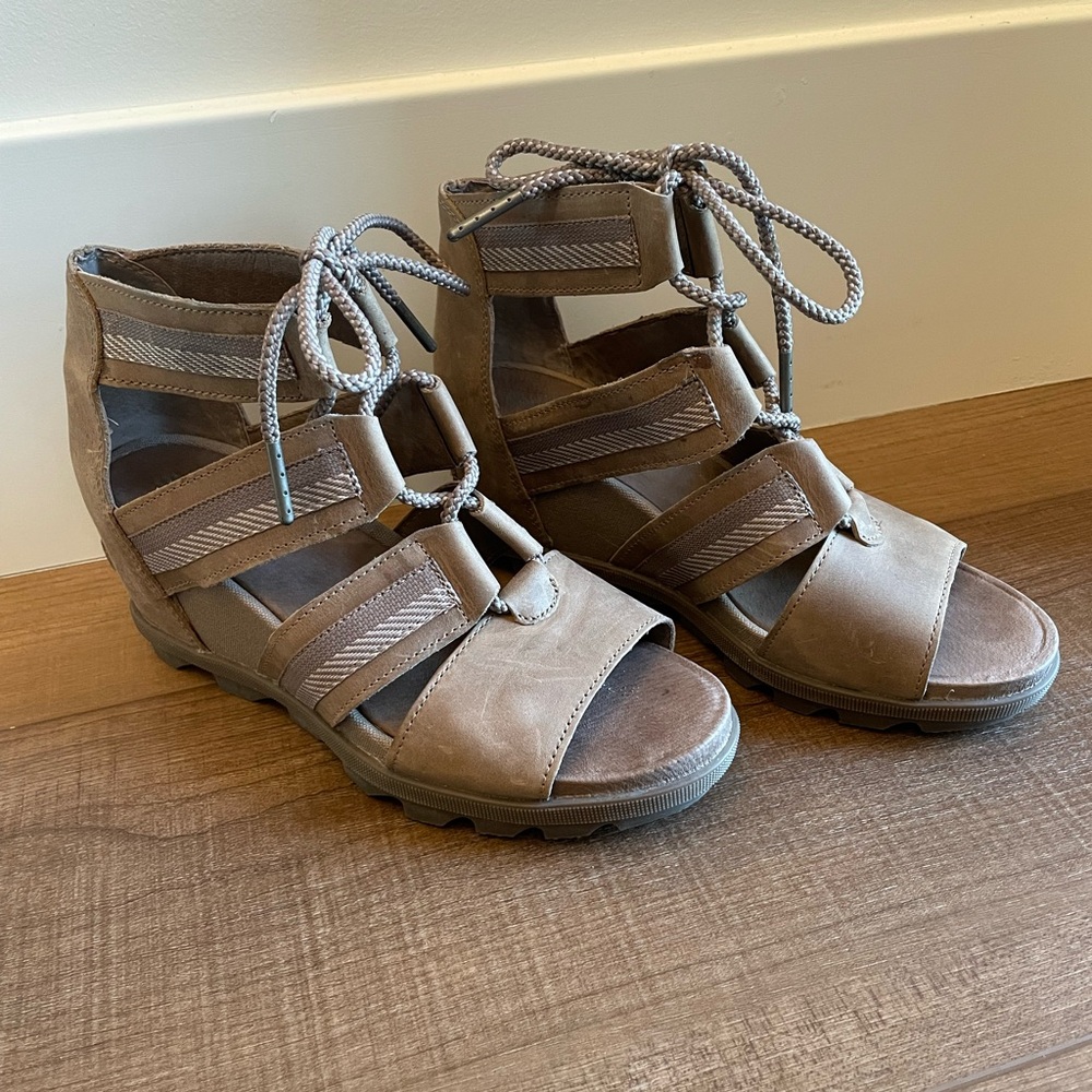 Sorel Brown Lace-Up Wedge Sandals